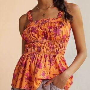 Women's Beaded Baby Doll Orange Floral Smocked Summer Cotton Top Small